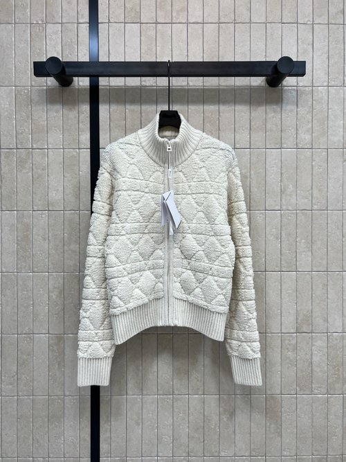 Dior New Knit Cardigan: Wool Blend with Grid Pattern and Collar, French Style
