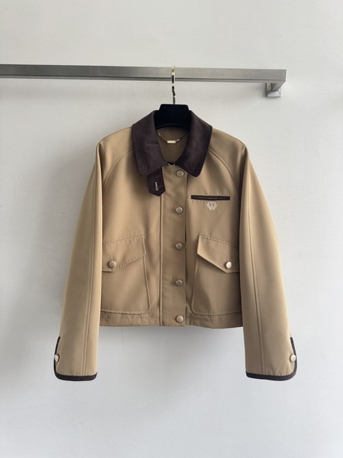 Prada Jacket with Retro Collar and Cuffs, Large Pockets and Embroidered Logo