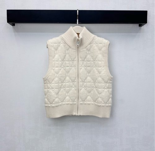 Dior Embroidered Stand-Collar Knitted Vest with Diamond Pattern and Zipper