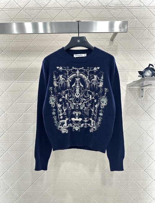 Dior Embroidered Knit Pullover with Plant and Building Motifs, Two Color Options