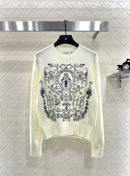 Dior Embroidered Knit Pullover with Plant and Building Motifs, Two Color Options