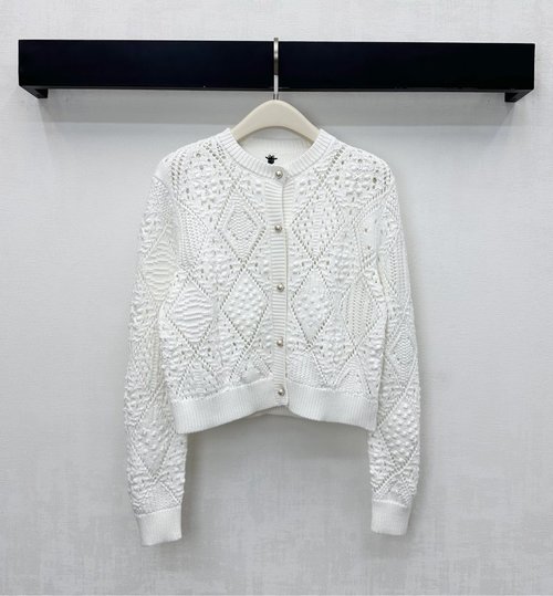 Dior Crochet-Textured Knit Cardigan with Pearl Buttons and Logo for Everyday Use
