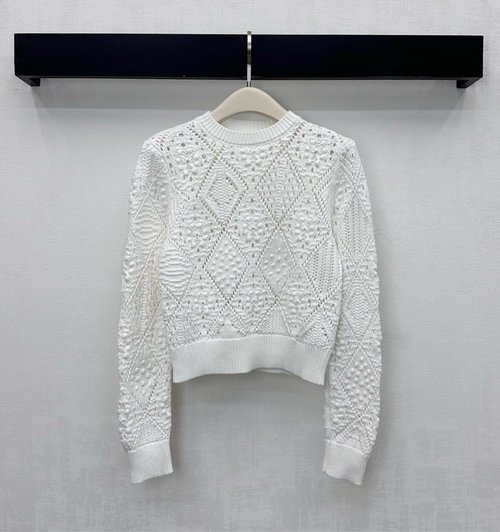 Dior Crochet-Textured Long-Sleeved Knit Top with Logo Decoration for General Wear