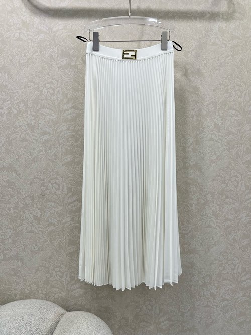 Fendi Elongated Solid Color Pleated Skirt with Double F Metal Decoration