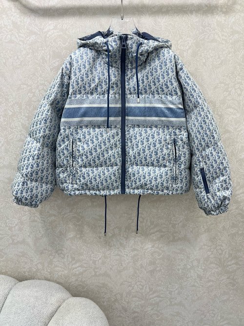 Dior D-Letter Jacquard Hooded Down Jacket with Bee Embroidery