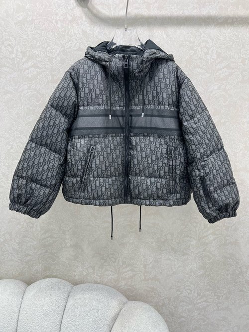 Dior D-Letter Jacquard Hooded Down Jacket with Bee Embroidery