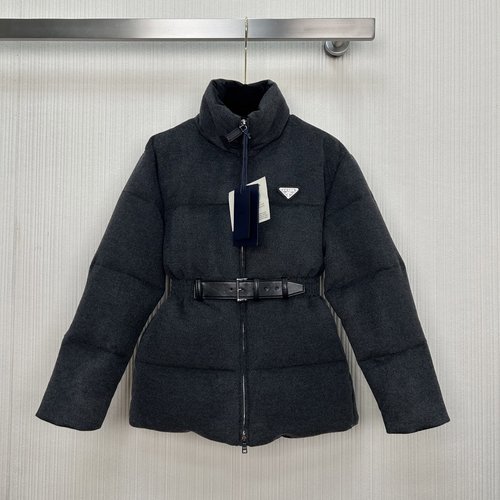 Prada Belted Wool Down Jacket with Logo Emblem