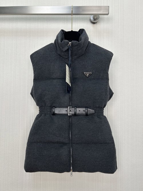 Prada Belted Waist Wool Down Vest with Logo Decoration