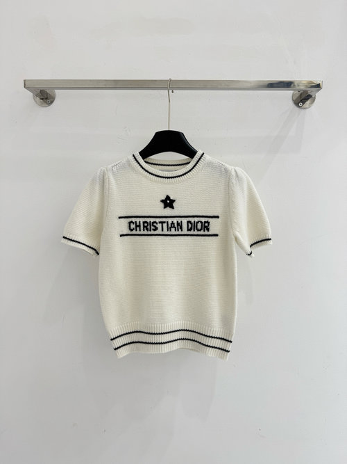 Dior Classic Star Logo Round Neck White Sweater with Black Trim