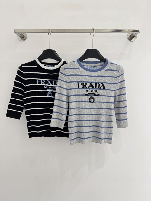Prada Simple Striped Mid-Sleeve Round-Neck Knit Sweater