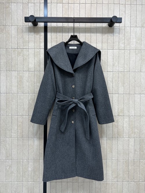 Dior Elegant Navy Collar Gray Belted Trench Coat Suitable for All Occasions
