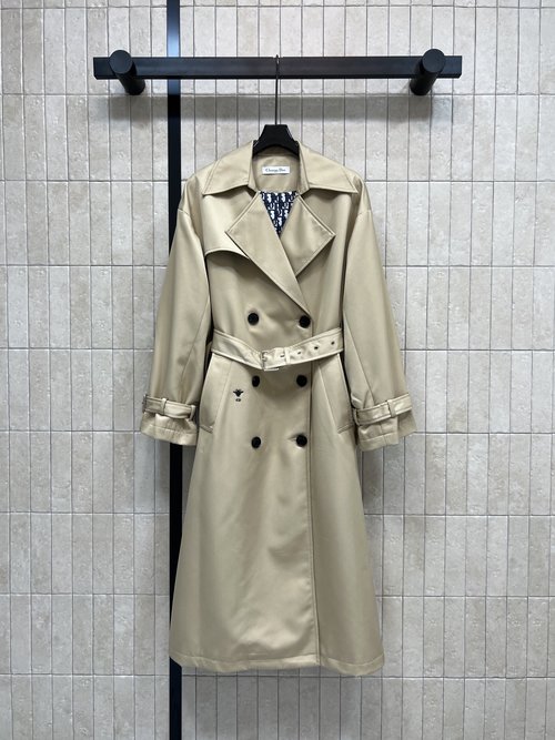 Dior Double - Breasted Waist - Cinched Trench Coat with Embroidered Bee