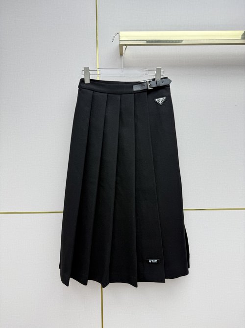 Prada Leather Buckled Pleated Wool Skirt with Logo