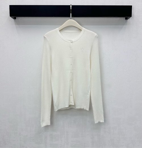 Dior Round Neck Wool Cardigan with Embroidered Logo and Bee Accent