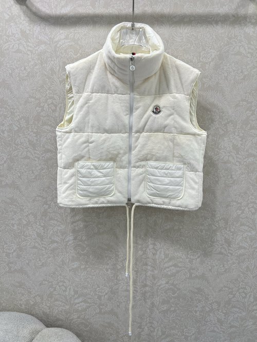 Moncler Velvet Drawstring Down Vest with Logo Badge, Short and Warm