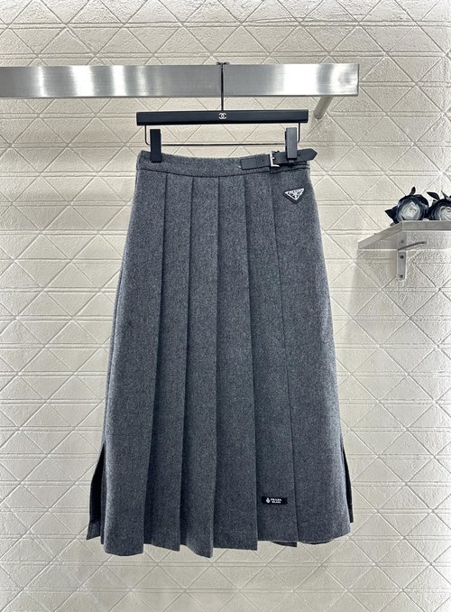 Prada High-waisted Pleated Mid-length Skirt with Metal Belt and Patch Logo