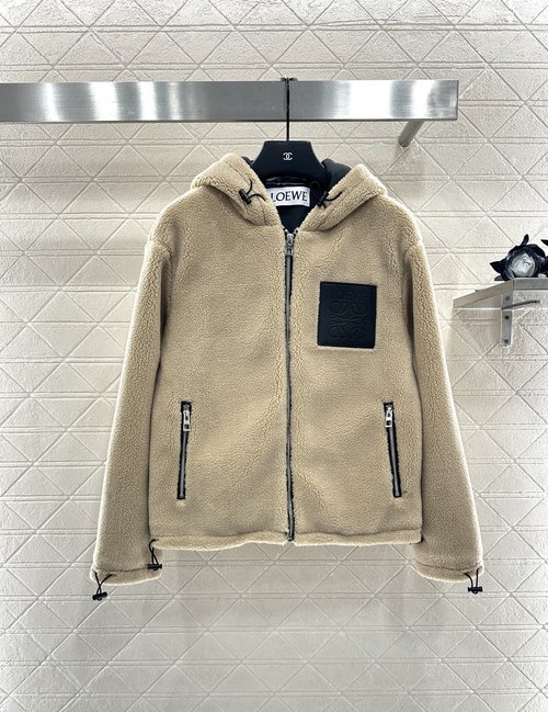 Loewe Custom Teddy Lamb Wool Hooded Jacket with Leather Emblem Pocket