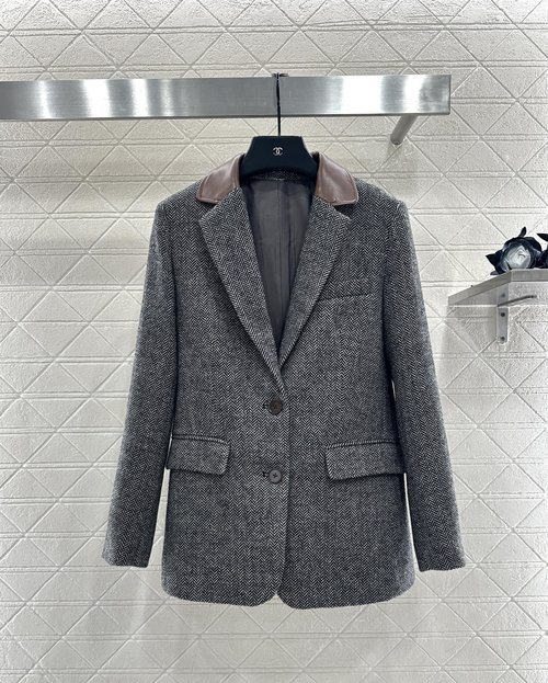 Prada Custom Imported Woolen Collarless Leather-Trimmed Suit Jacket