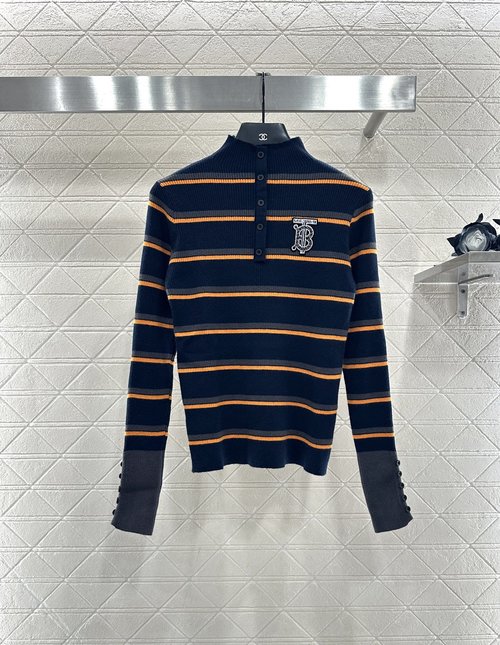 Burberry Stripe Knit Pullover Sweater with Logo and Buttoned Cuffs in Vintage Style
