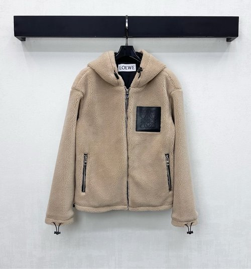 Loewe Imported Teddy Bear Fleece Hoodie with Leather Logo Pocket