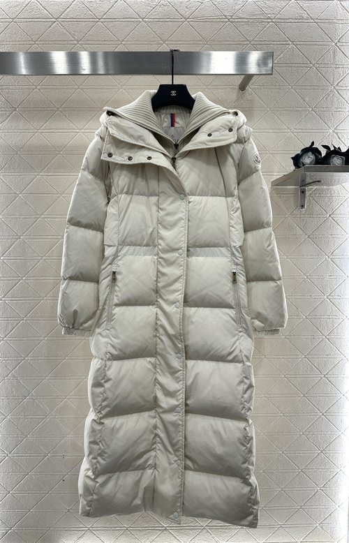 Moncler Hooded Waist-Defining Long Down Coat with Arm Badge