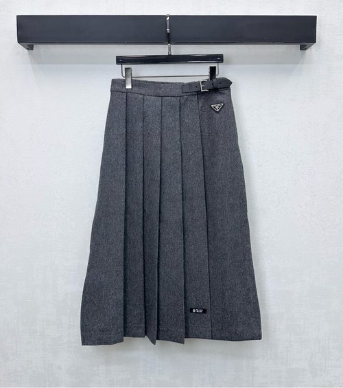 Prada Custom Imported Textured Cotton Pleated Skirt with Leather Buckle Accent