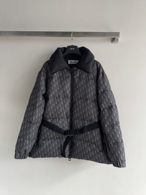 Dior Timeless Monogram Down Jacket with Adjustable Collar and Waist Strap