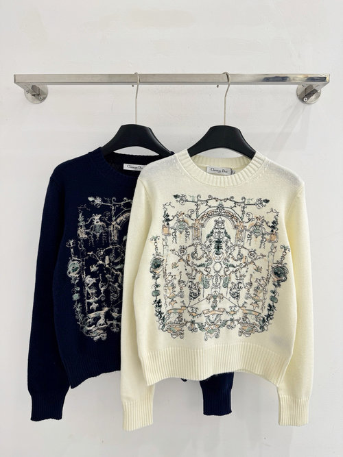 Dior Round Neck Knitted Top with Floral Embroidery