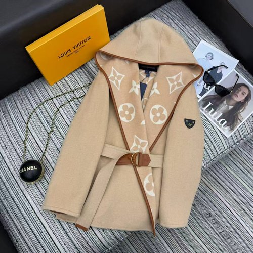 Louis Vuitton Recommended New Double - faced Woolen Hooded Coat with Logo and Waist Belt