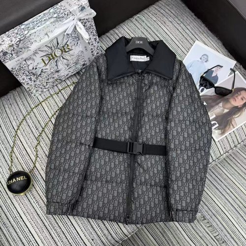 Dior Classic Monogram Stand-Up Collar Puffer Jacket with Belt and 90% Down Fill