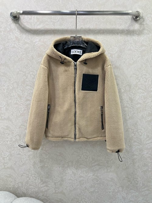 Loewe Hooded Faux Teddy Lamb Coat with Logo Pocket for a Stylish Look