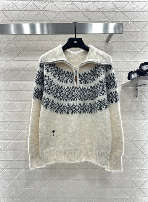 Dior Customized Wool Zip-up Half-open Collared Sweater with Bee Logo