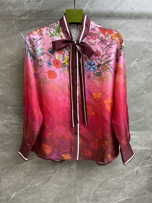 Gucci Spring-Summer Silk Shirt with Neck Tie and Floral Print
