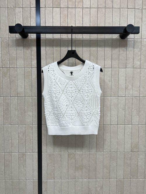 Dior Stylish White Knit Vest with Geometric Cutouts and Bee Logo