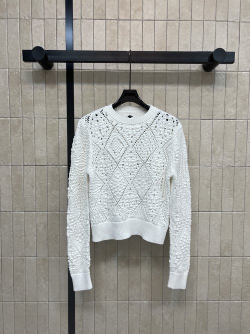 Dior White Crochet Knit Long Sleeve Top with Bee Embroidered Back