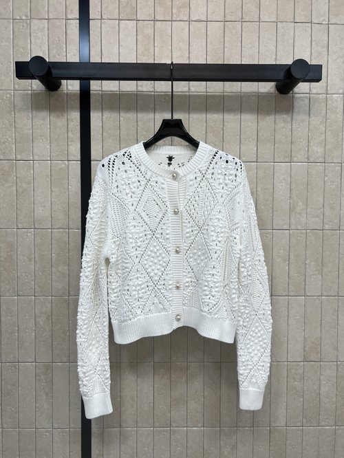Dior Elegant White Crochet Knit Cardigan with Pearl Buttons and Bee Emblem