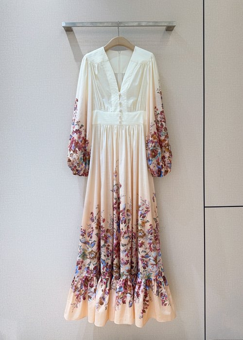 Zimmermann V-neck Flower Print Dress with Lantern Sleeves in Cotton