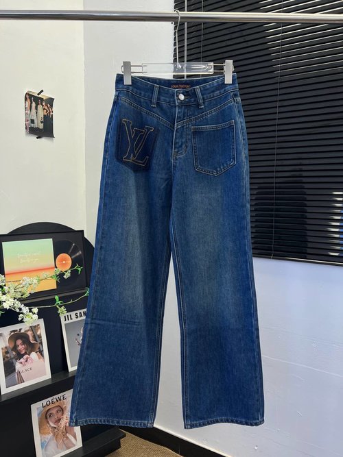 Louis Vuitton Imported Denim Straight Pants with Pocket Shadow Letter Embroidery