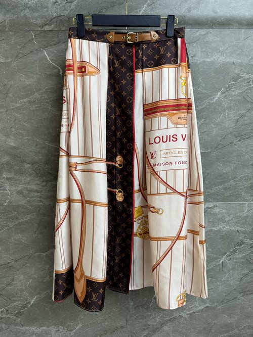 Louis Vuitton Printed Silk Skirt with Leather Buckle and Vintage Elements