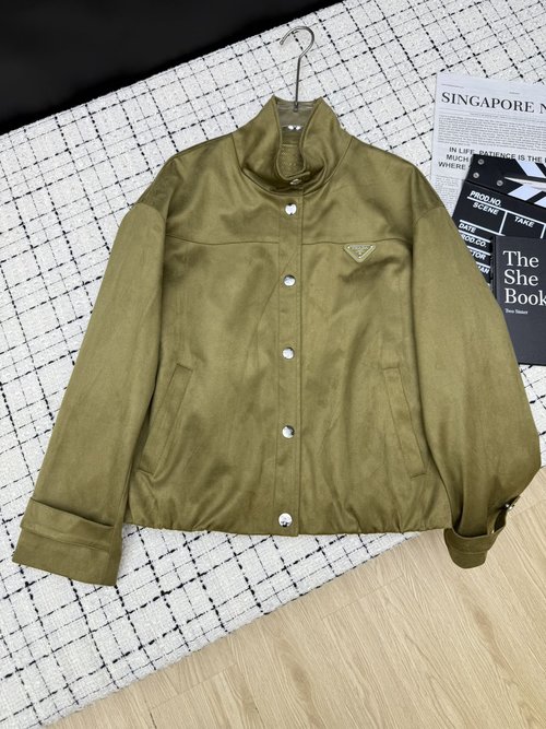 Prada Classic Triangle Logo Stand-up Collar Jacket, Supple Texture with Timeless Appeal