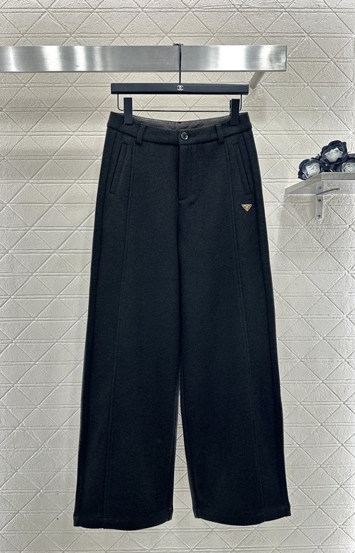 Prada Woolen Wide-Leg Trousers with Triangle Logo, Comfortable and Fashionable