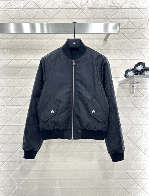Dior Jacquard Dark Pattern Baseball Cotton Jacket with Quilted Lining