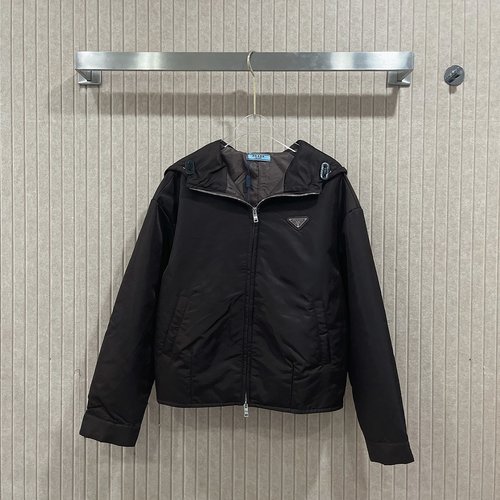 Prada Hooded Cotton Jacket with Imported Recycled Nylon Fabric and Metal Logo