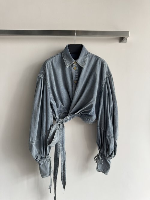 Loro Piana Destructive Vintage Denim Shirt with Lantern Sleeves and Crossed Hem