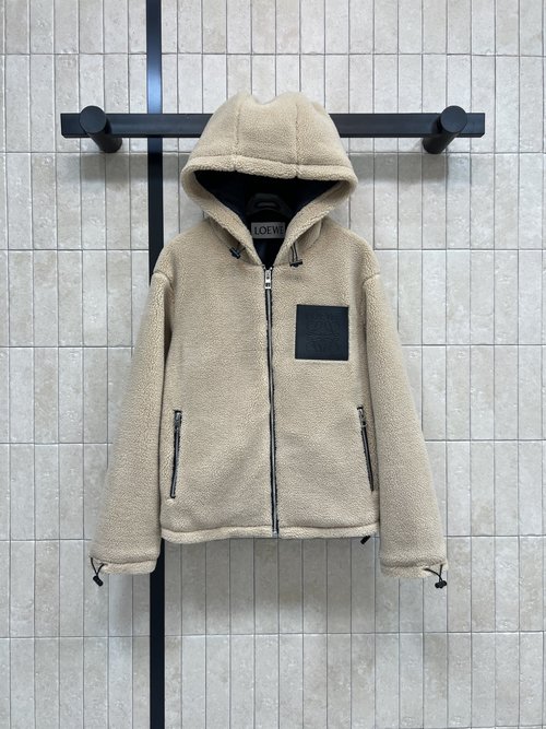 Loewe Teddy Bear Fleece Hooded Coat with Letter Leather Patch Design
