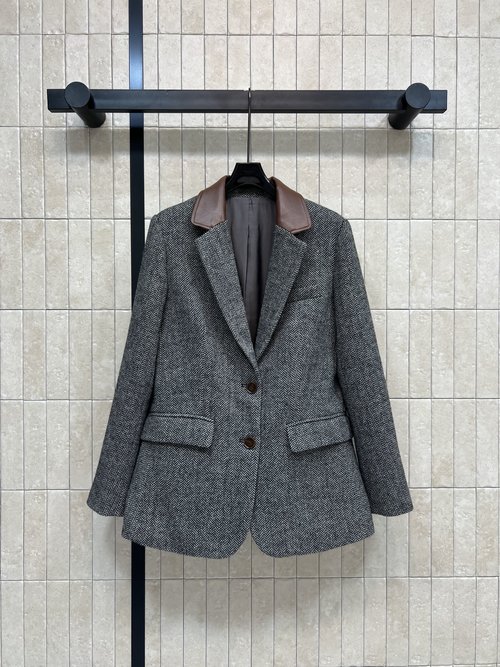 Dior Grey Herringbone Woolen Blazer with Leather Collar, Exuding Elegance