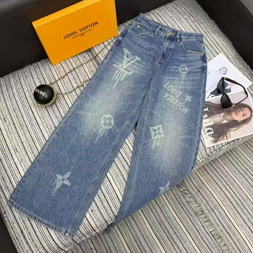 Louis Vuitton Well-washed Denim Wide-leg Pants with Printed Logo