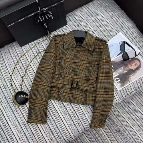 Yves Saint Laurent Classic Double-breasted, Belted, Wool Customized Checked Short Coat