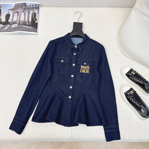 Dior Customized A-line Denim Shirt with Bee Embroidery
