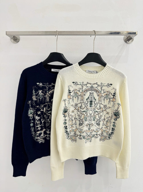 Dior Round Neck Knitted Top with Floral Embroidery